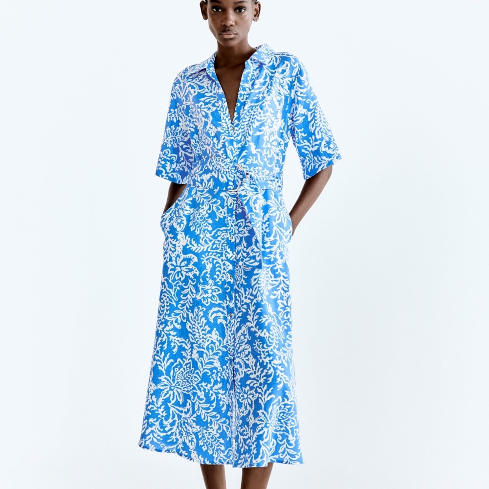 Zara Blue and White linen blend midi dress